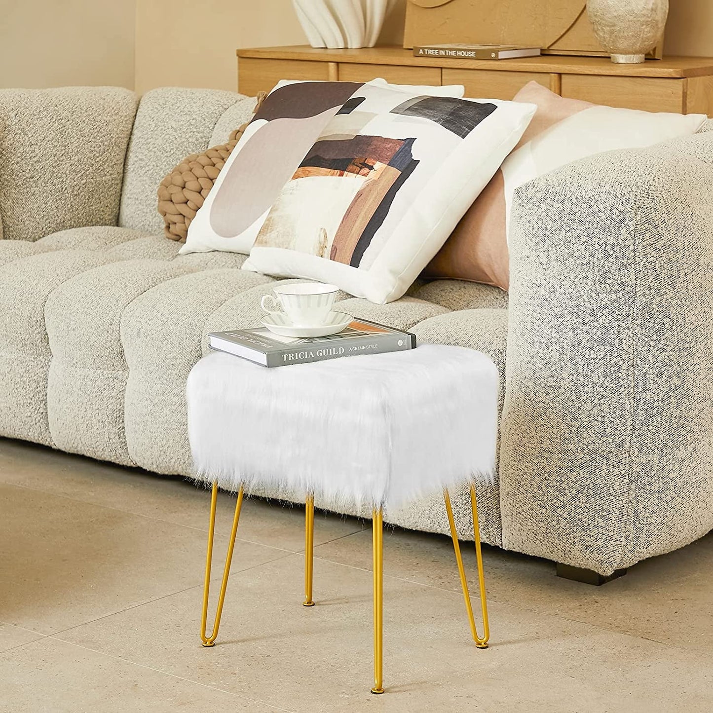 Fuzzy White Ottoman with Gold Legs