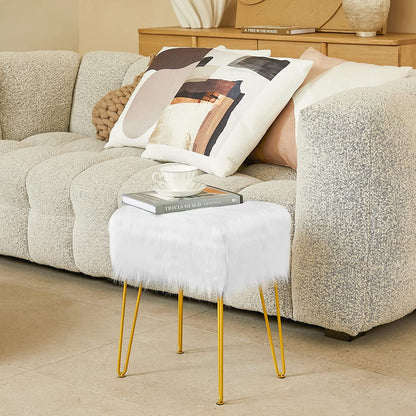 Fuzzy White Ottoman with Gold Legs