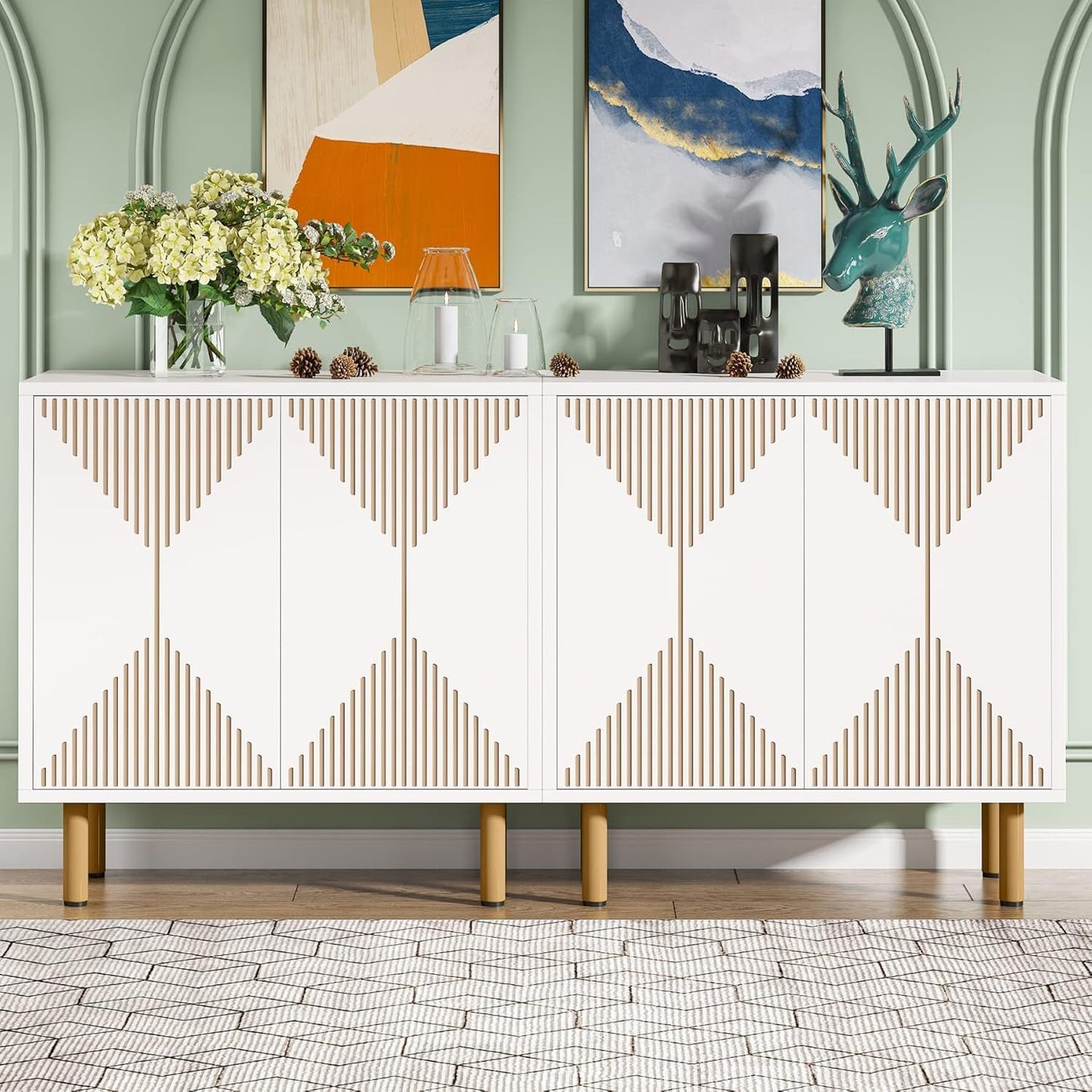 White Sideboard Buffet Cabinet, Modern Storage Cabinet with 4 Doors,