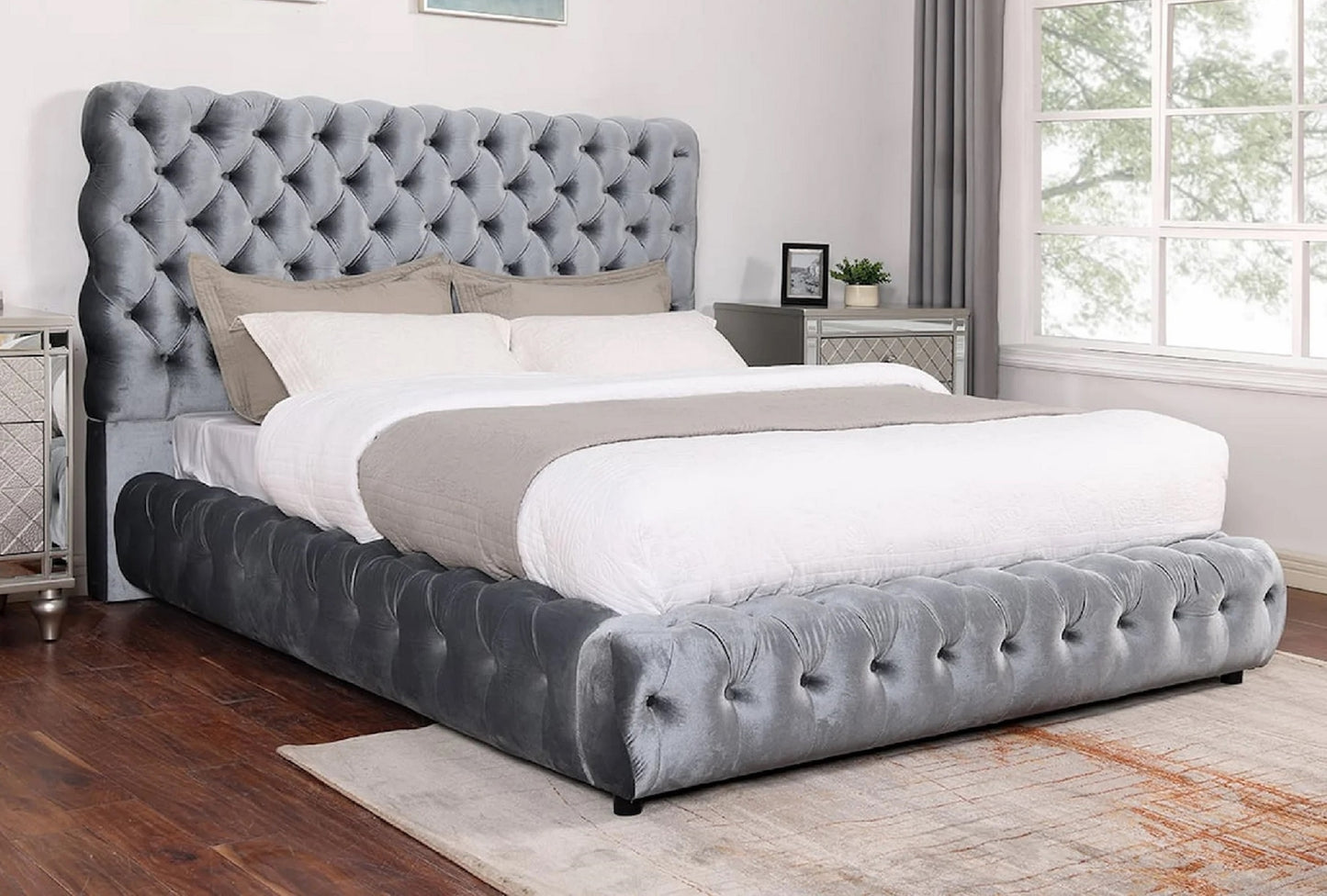 1pc Contemporary Upholstered King Bed Tufted Headboard and Footboard Wooden Luxury Glam Bedroom Furniture Gray