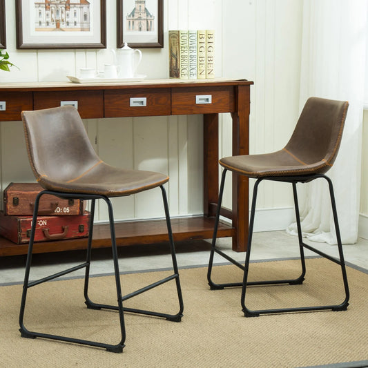 Lotusville Vintage PU Leather Counter Height Stools, Antique Brown, Set of 2
