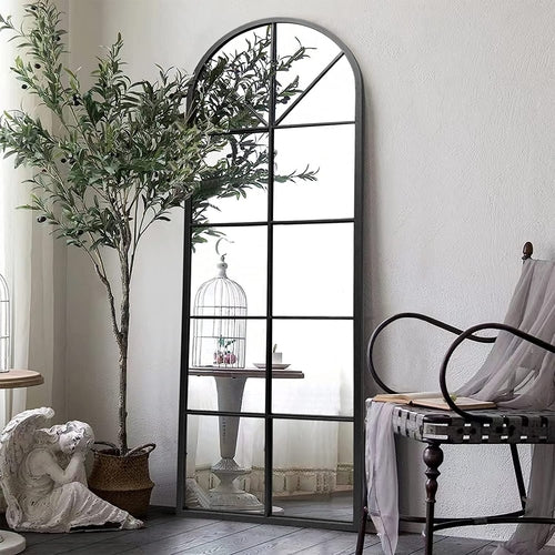 Floor Full Length Mirror, Black Arched-Top, Large Window Pane Mirror,