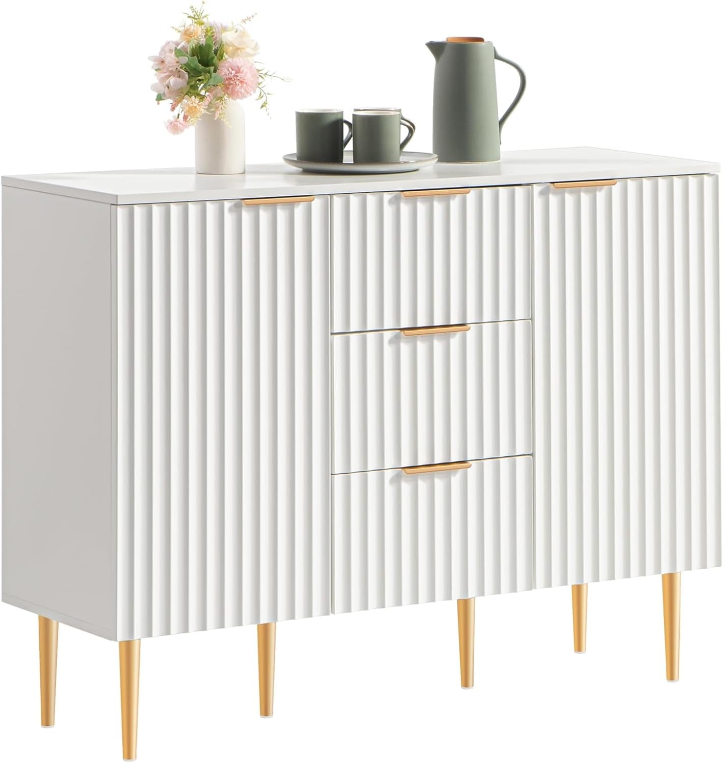 White Sideboard Cabinet with 3 Drawers, Glossy Fluted Buffet Storage