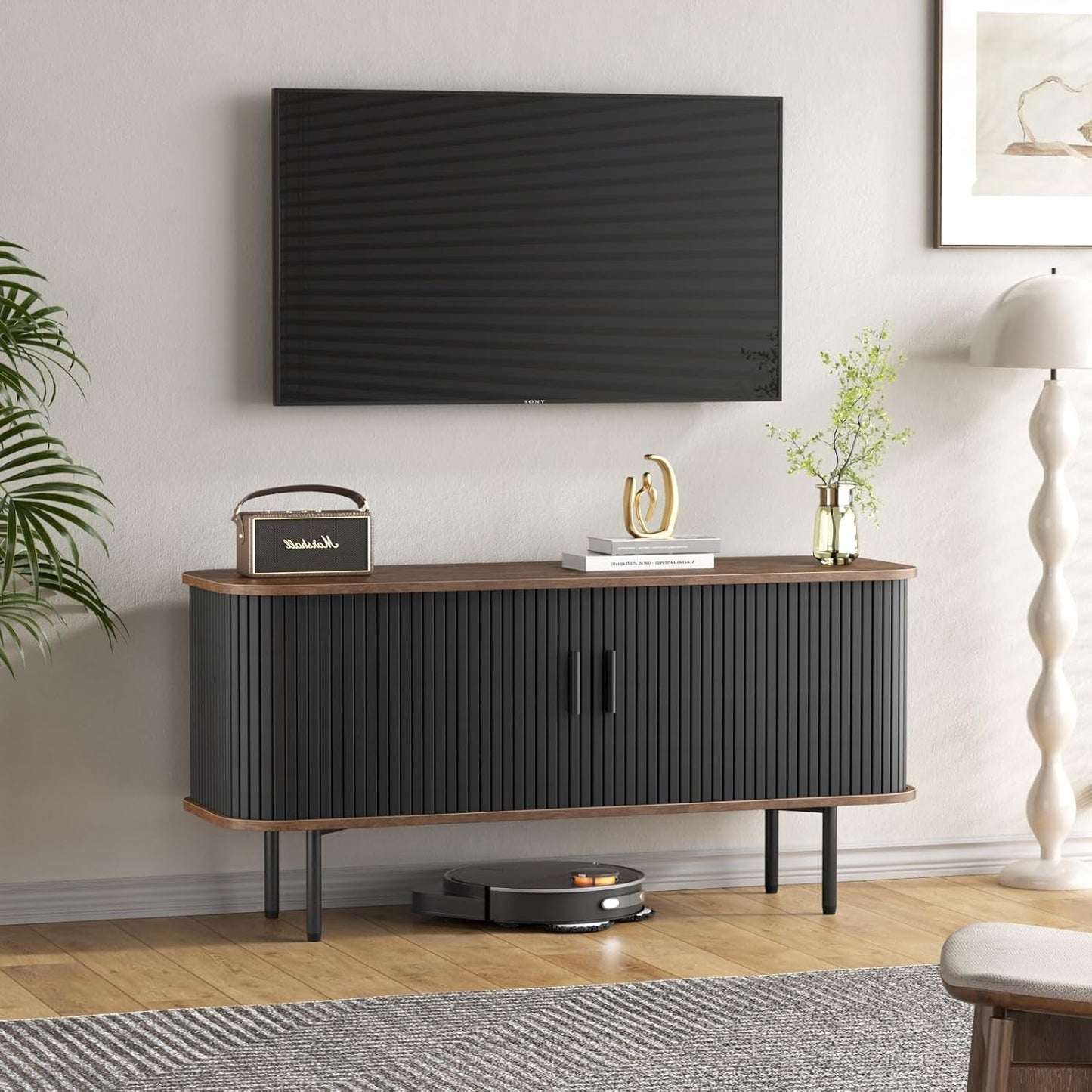 47''W Black Cabinet with Storage, Media Console, Tambour TV Stand,