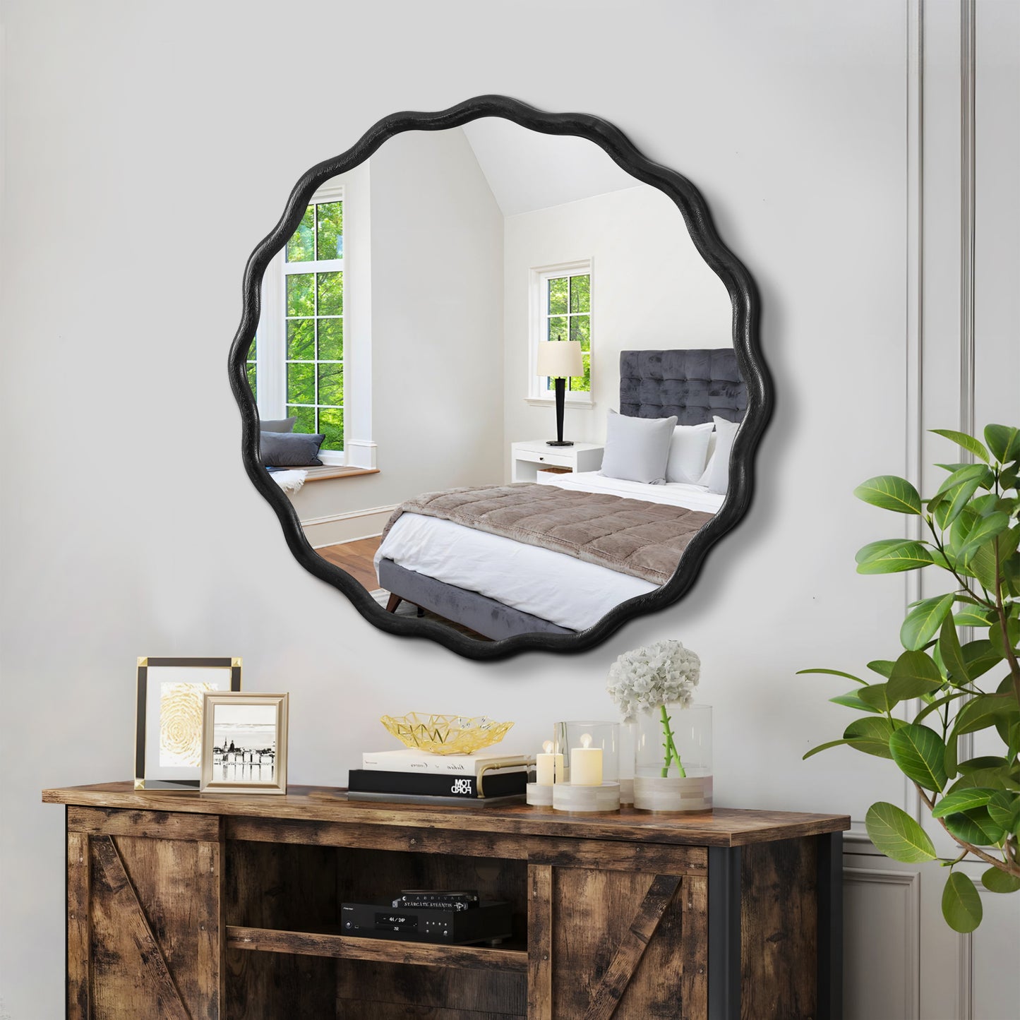 Solid Wood Wavy Mirror Modern Wall Decor for Bathroom, Bedroom & Living Room, Entryway