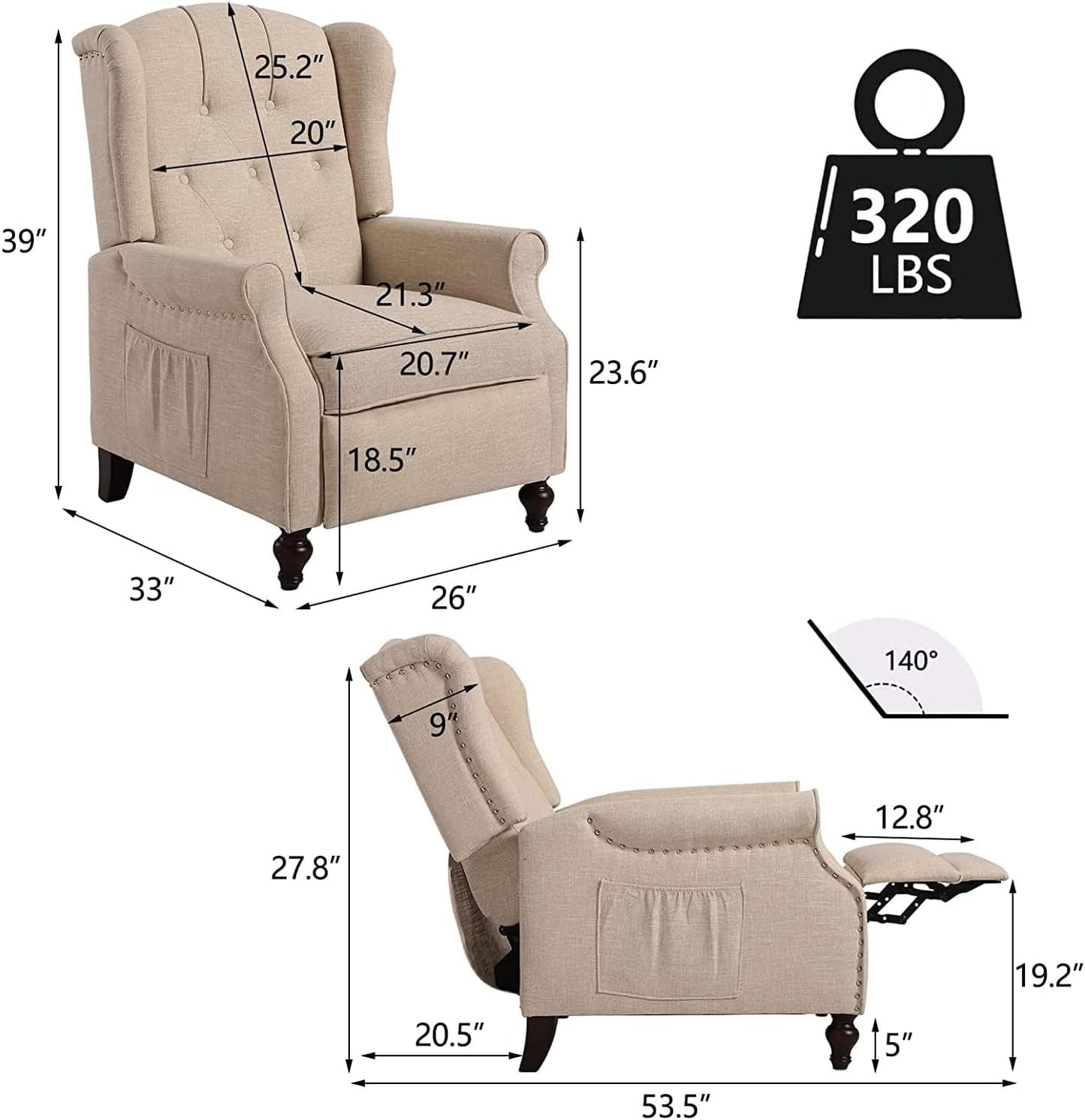 Wingback Recliner Chair with Massage and Heat, Tufted Push-Back, Ergonomic Support