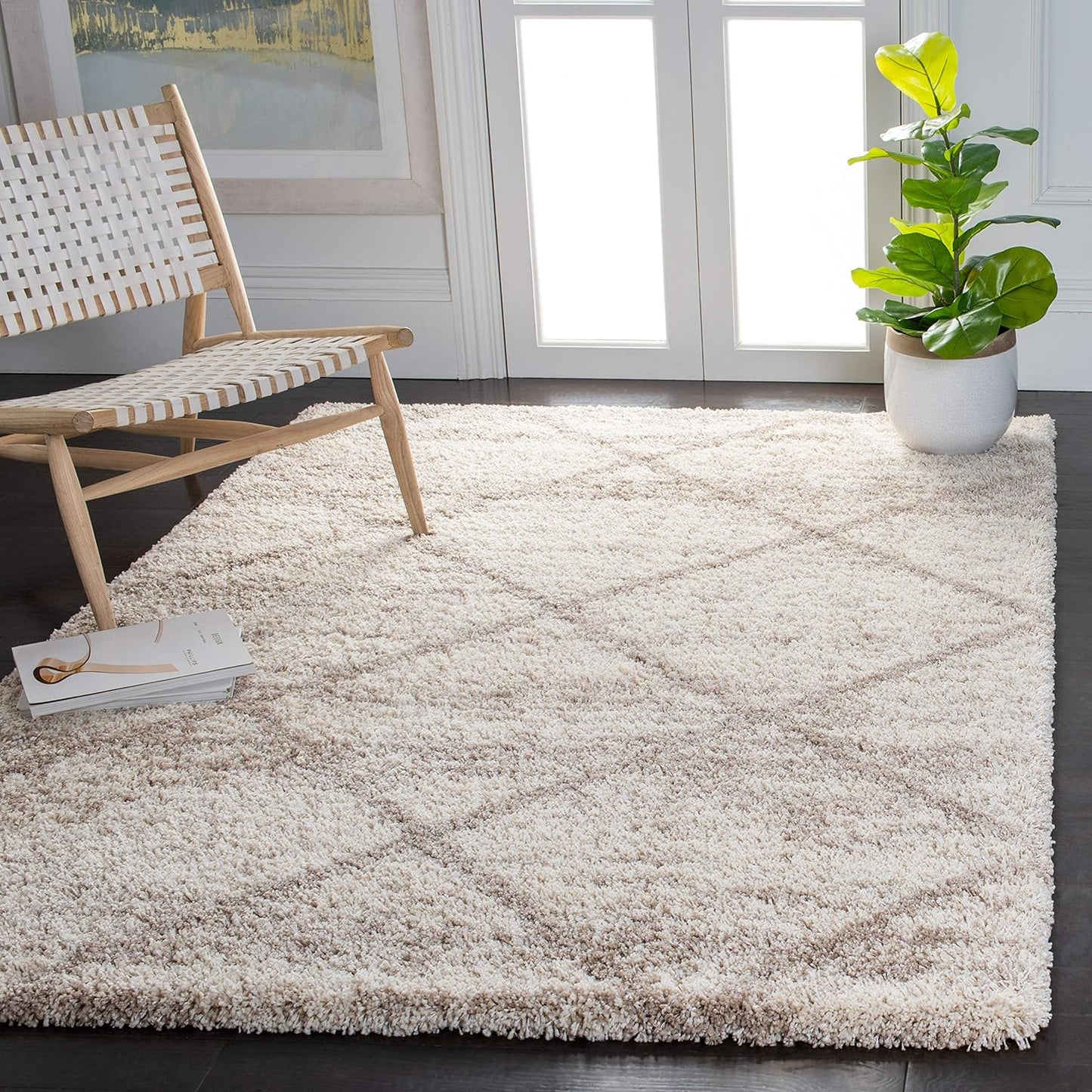 SAFAVIEH Hudson Shag Collection Area Rug - 7' Square, Beige & Ivory, Modern Trellis Design, Non-Shedding & Easy Care, 2-Inch Thick Ideal for High Traffic Areas in Living Room, Bedroom (SGH281S)