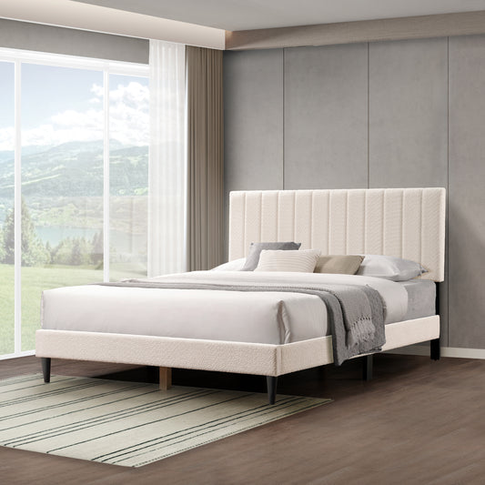 Cream White Upholstered Queen Platform Bed Frame, Tufted Channel Headboard, Mid-Century Bedroom Furniture, No Box Spring Required, Bed Frame Wood Slats, Modern Soft Boucle, 64.25' x 84.5Cream