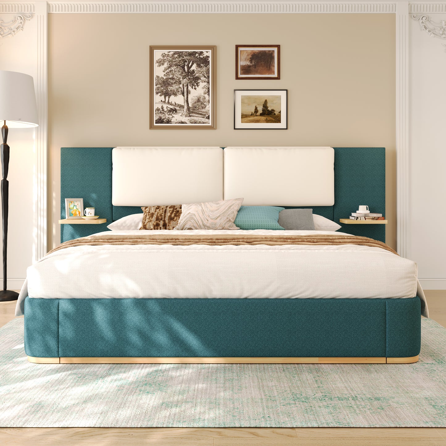 King Size Upholstered Platform Bed with Panel, Platform Bed Frame with Anti-Collision Soft Rounded Corners, Stable and Solid, No Box Spring Needed, Easy Assembly, Green