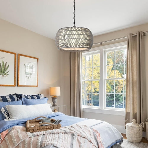 Farmhouse Chandelier Light Fixtures，5-Lights Rattan Dining Room Light