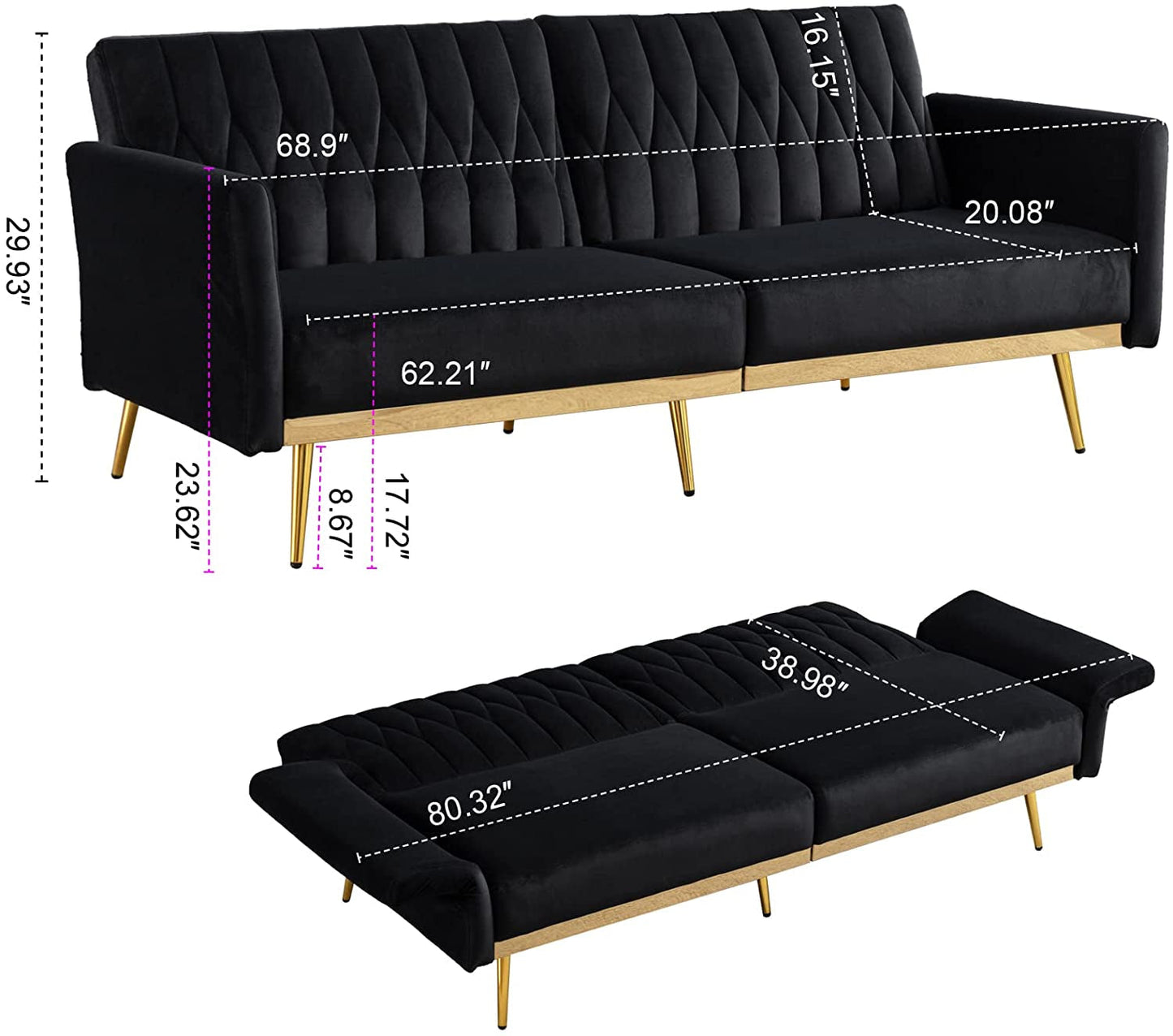 Black Velvet Convertible Sofa Bed with Metal Legs