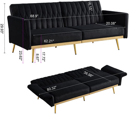 Black Velvet Convertible Sofa Bed with Metal Legs