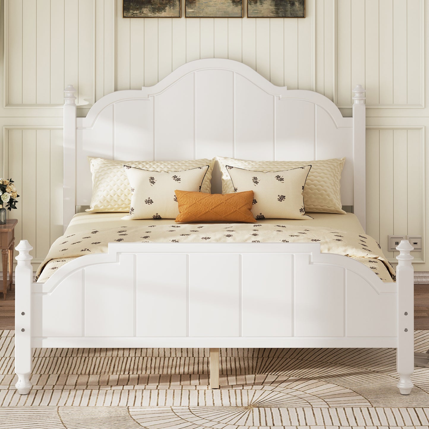 Bed Frame Queen Size with Headboard, Vintage Queen Bed Frame with Slats Support, Wooden Platform Queen Bed, No Box Spring Needed, Easy Assembly, White