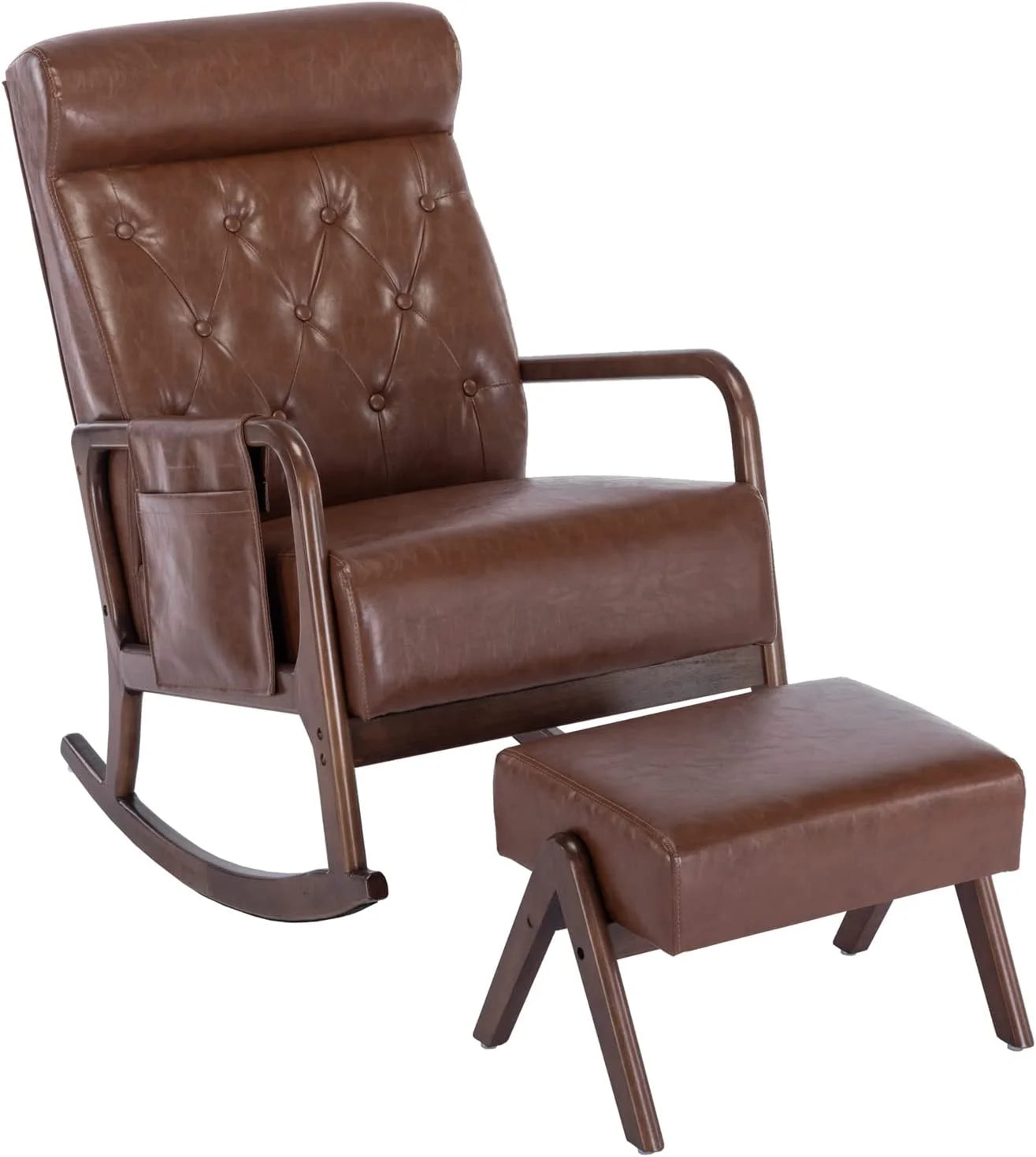 Nursery Rocking Chair Mid-Century Modern Chair with Ottoman Leather Arm Chair High Back with Side Pocket Comfy Glider Rocker Chair for Living Room Baby Room Bedroom (Brown PU Leather)