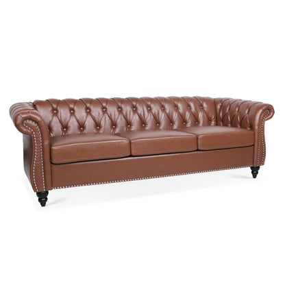 Classic Chesterfield Three Seater Sofa Brown PU Leather with Rolled Arms and Birch Legs 84.65 Inches