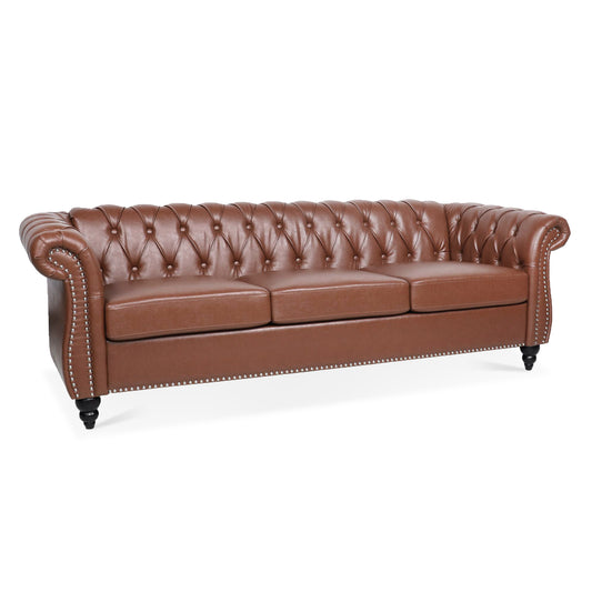 Classic Chesterfield Three Seater Sofa Brown PU Leather with Rolled Arms and Birch Legs 84.65 Inches