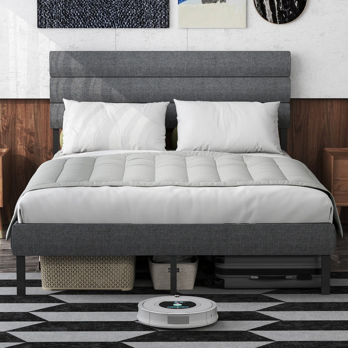 Queen Size Upholstered Platform Bed Frame - With Headboard, No Box Spring Needed, 14'' Underbed Storage