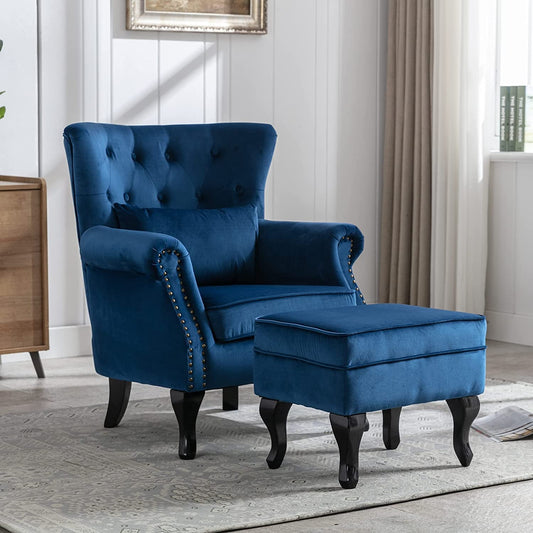 Blue Velvet Wingback Chair and Ottoman Set
