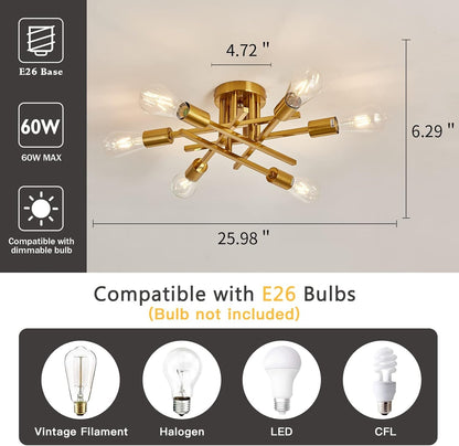 6-Lights Semi Flush Mount Ceiling Light Fixture Gold Modern Matte