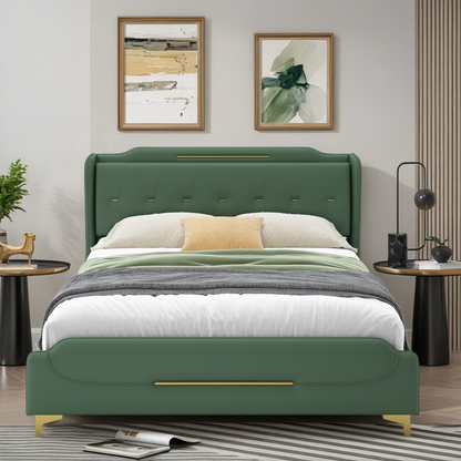 King Size Leather Bed frame with Wingback Headboard & Footboard, PU Upholstered Platform bed, Solid Wooden Slats Support, Easy Assembly