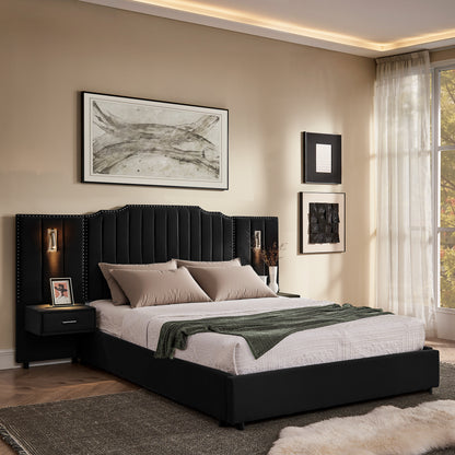 Queen Size Upholstered Bed Frame with Velvet Fabric, Vertical Stripe Design with Buttons Around  Platform Bed with Headboard, Solid Frame & Bedside Table - No Box Spring Needed-Black