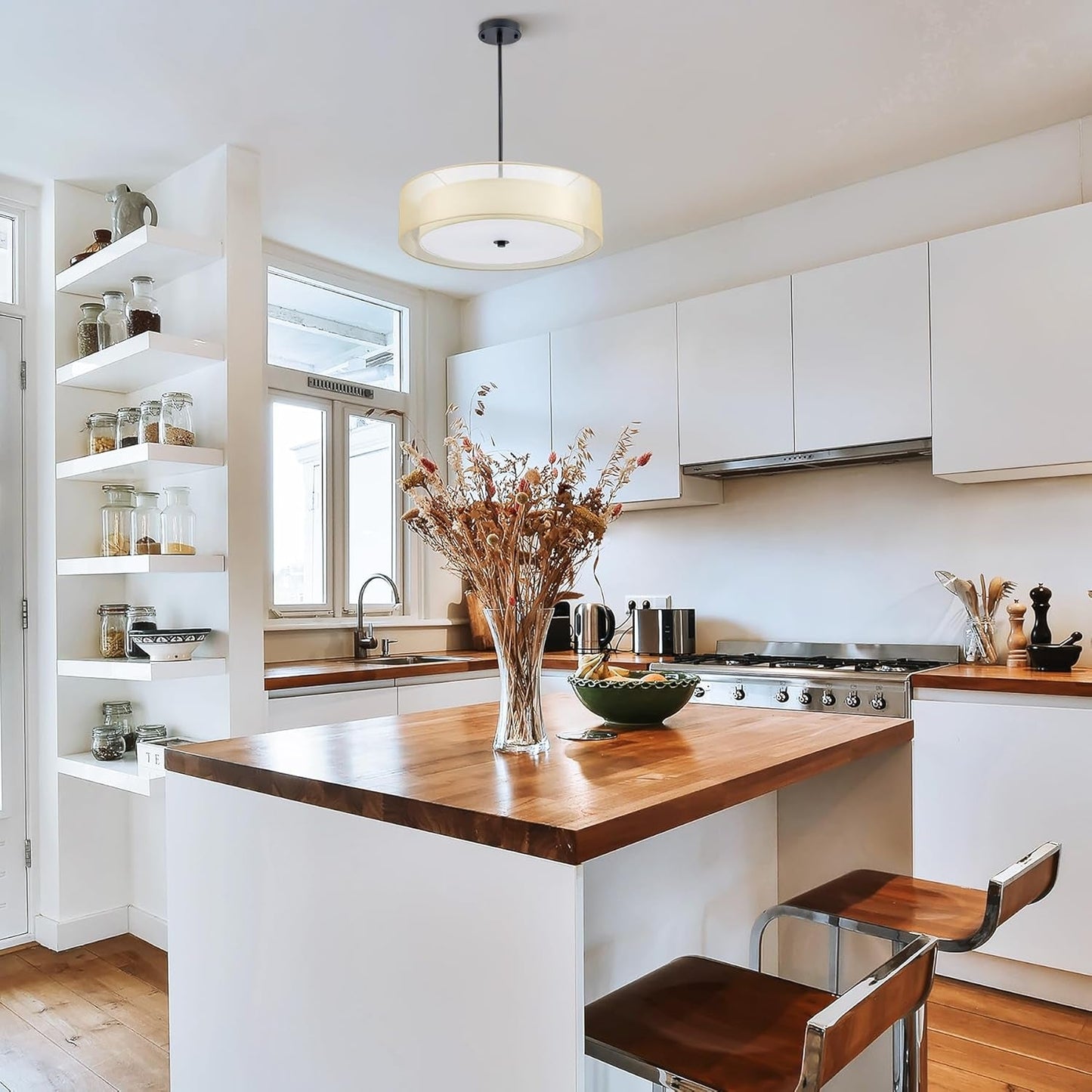 3-Light Drum Chandeliers, 20" Pendant Light Fixture with 2-Layer