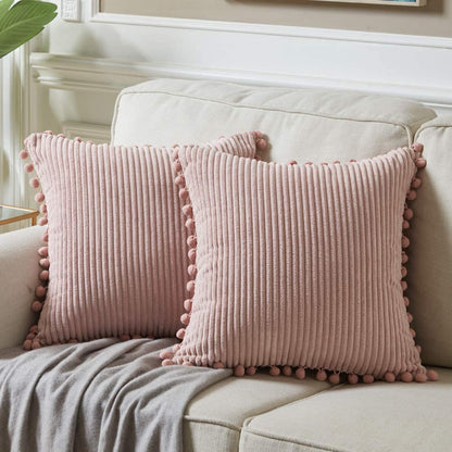 Fancy Homi Dark Gray Decorative Throw Pillow Covers 18X18 Inch with Pom Poms, Boho Farmhouse Home Decor, Soft Corduroy Accent Square Cushion Case for Living Room Couch Bed Sofa 45X45 Cm