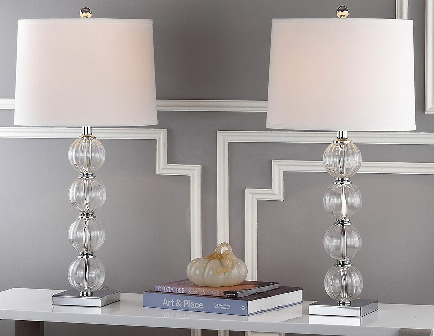 SAFAVIEH Lighting Collection Amanda Modern Crystal Stacked Globe 30-Inch Bedroom Living Room Home Office Desk Nightstand Table Lamp Set of 2 (LED Bulbs Included)
