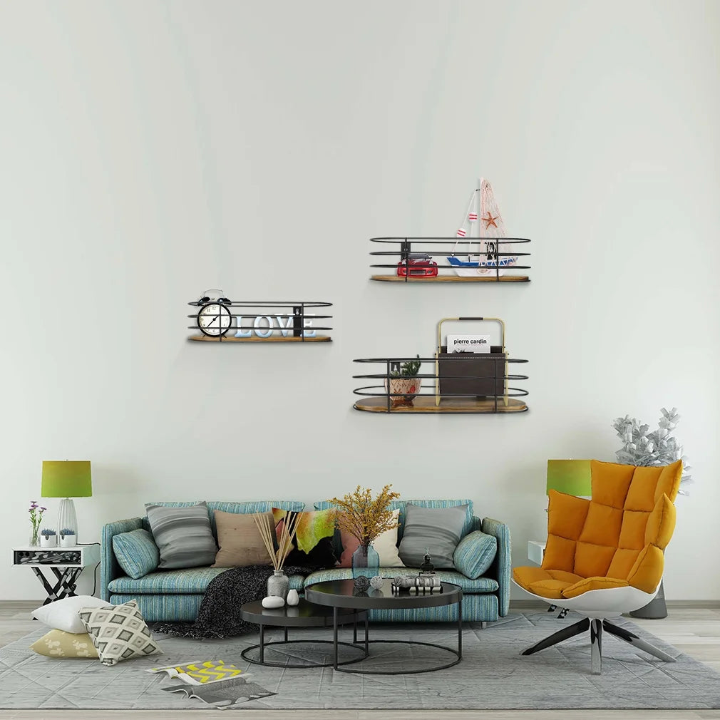 Oval Floating Wall Shelves Set of 3, Multiple Size Rustic Brown Hanging Shelf with Black Metal for Bedroom Bathroom Kitchen Living Room