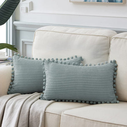 Fancy Homi Dark Gray Decorative Throw Pillow Covers 18X18 Inch with Pom Poms, Boho Farmhouse Home Decor, Soft Corduroy Accent Square Cushion Case for Living Room Couch Bed Sofa 45X45 Cm