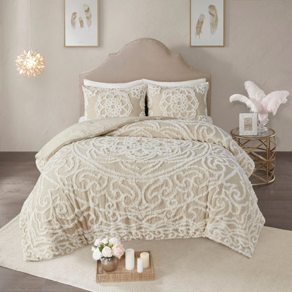Tufted Cotton Chenille Medallion Fringe Coverlet & Comforter Bedding Set