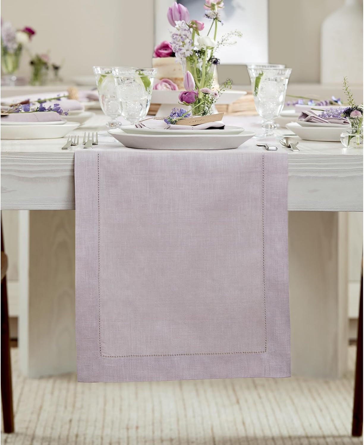 Solino Home Purple Linen Table Runner 60 Inches Long – 100% Pure Linen Classic Hemstitch Table Runner 14 X 60 Inch – Machine Washable Dining Table Runner for Valentines Day, Spring, Easter Decor