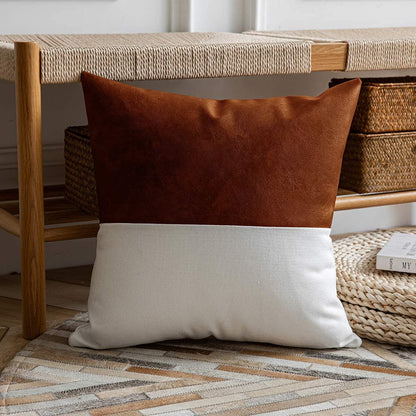 DEZENE Leather Throw Pillow Covers, Set of 2 Modern Leather/Cotton Decorative Pillowcases for Home Decor Bedroom Living Room Couch Bed Sofa, 18X18 Inch, Cognac-Brown and White