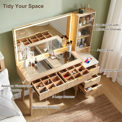 48" Fluted Makeup Vanity Desk with Large 36" Mirror and Lights, Modern