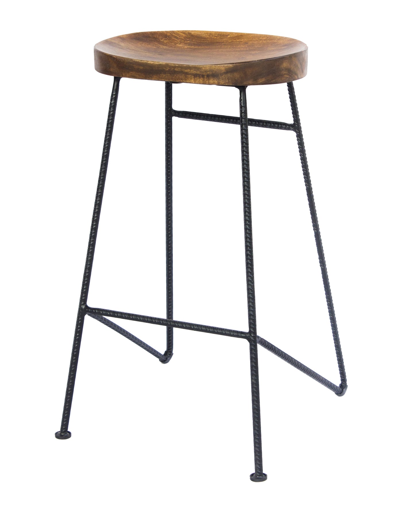 28 Inch Bar Stool with Mango Wood Saddle Seat, Iron Rod Legs, Brown