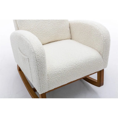 Nursery Rocking Chairs, Upholstered Fabric Nursery Chairs with Tall Back and Side Pocket, Nursing Chair with Rubber Wood Legs, Rocker Glider Chair, White Teddy