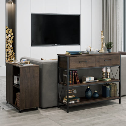 Vintage Industrial Sofa Table with Drawers and Shelves