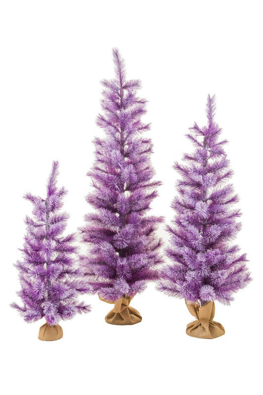 Set of 3 Purple Frosty Christmas Trees w/ Burlap Base