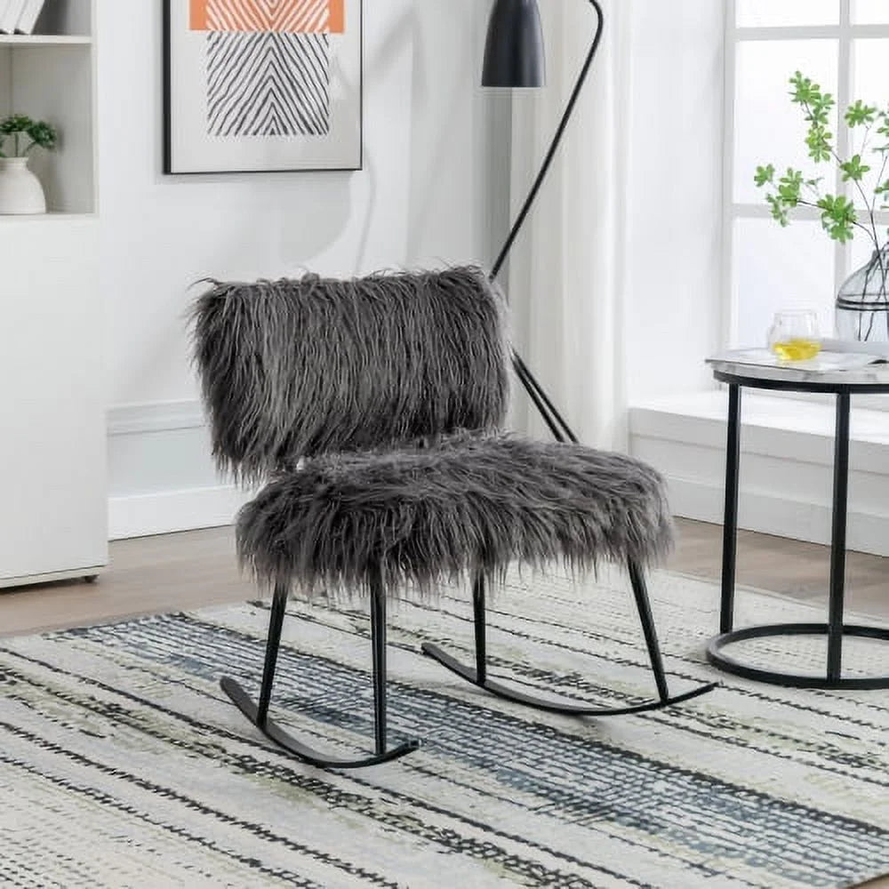 Wide Faux Fur Plush Nursery Rocking Chair, Baby Nursing Chair with Metal Rocker, Fluffy Upholstered Glider Chair, Comfy Mid Century Modern Chair for Living Room
