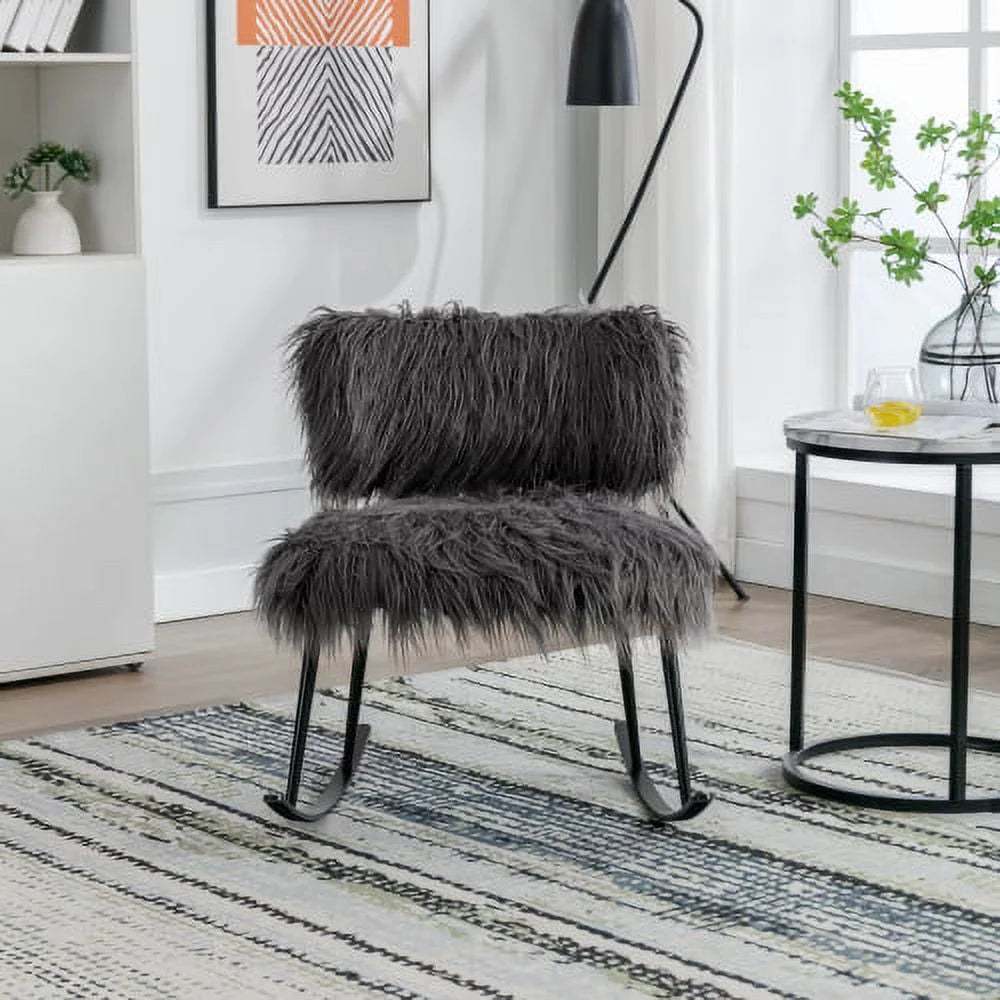Wide Faux Fur Plush Nursery Rocking Chair, Baby Nursing Chair with Metal Rocker, Fluffy Upholstered Glider Chair, Comfy Mid Century Modern Chair for Living Room
