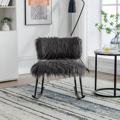 Wide Faux Fur Plush Nursery Rocking Chair, Baby Nursing Chair with Metal Rocker, Fluffy Upholstered Glider Chair, Comfy Mid Century Modern Chair for Living Room