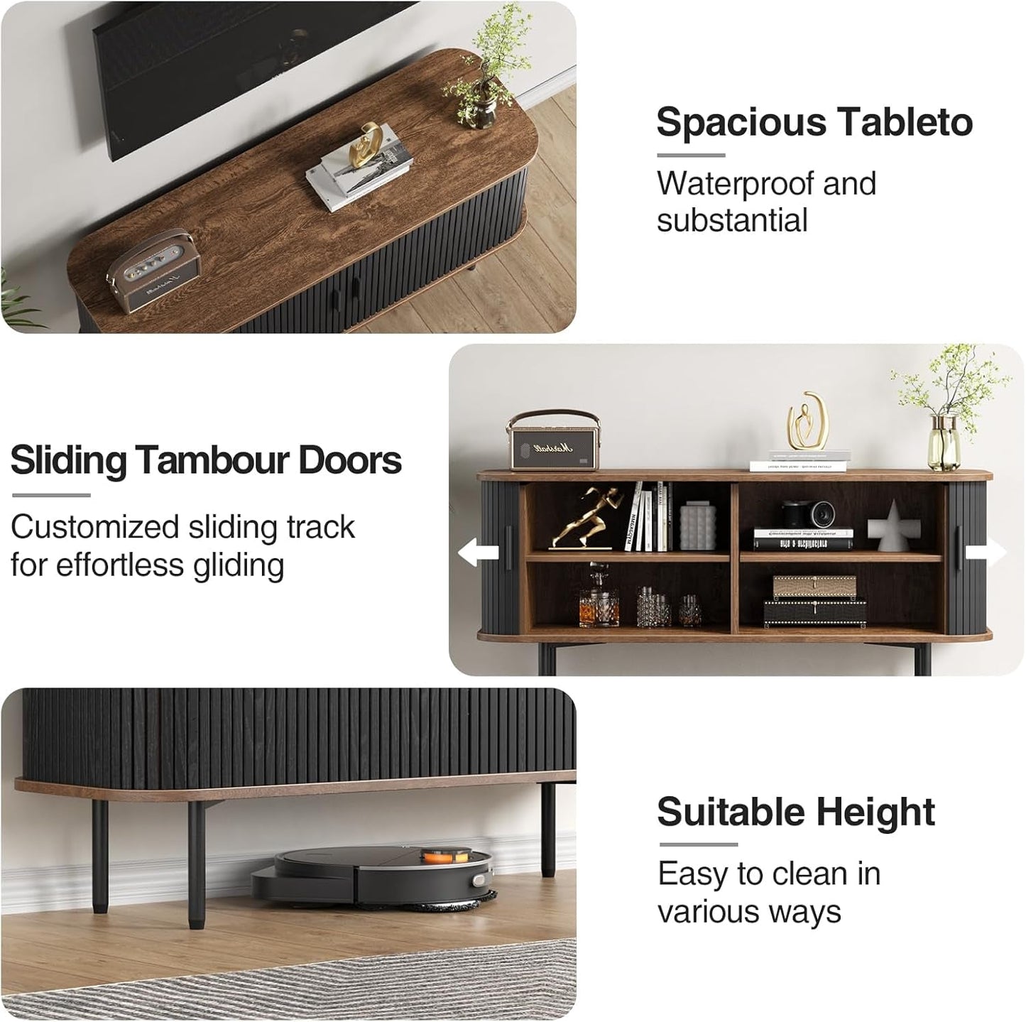 47''W Black Cabinet with Storage, Media Console, Tambour TV Stand,