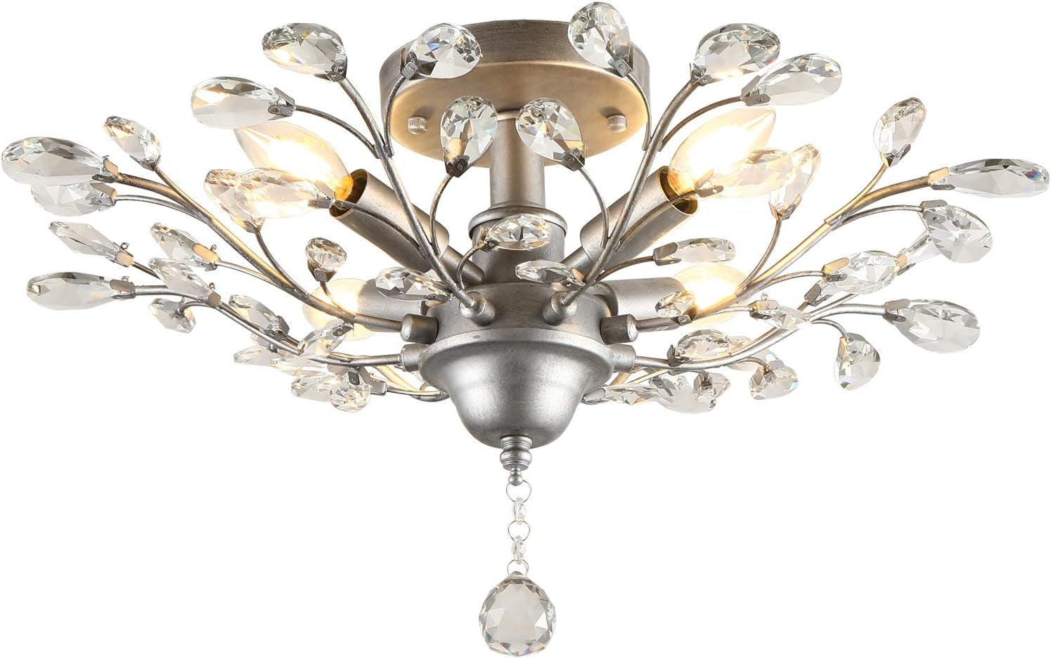Seol-Light Vintage Crystal Branch Close to Ceiling Light Fixture Black Chandelier Flush Mount with 4 Light 160W 24.5" Dia;