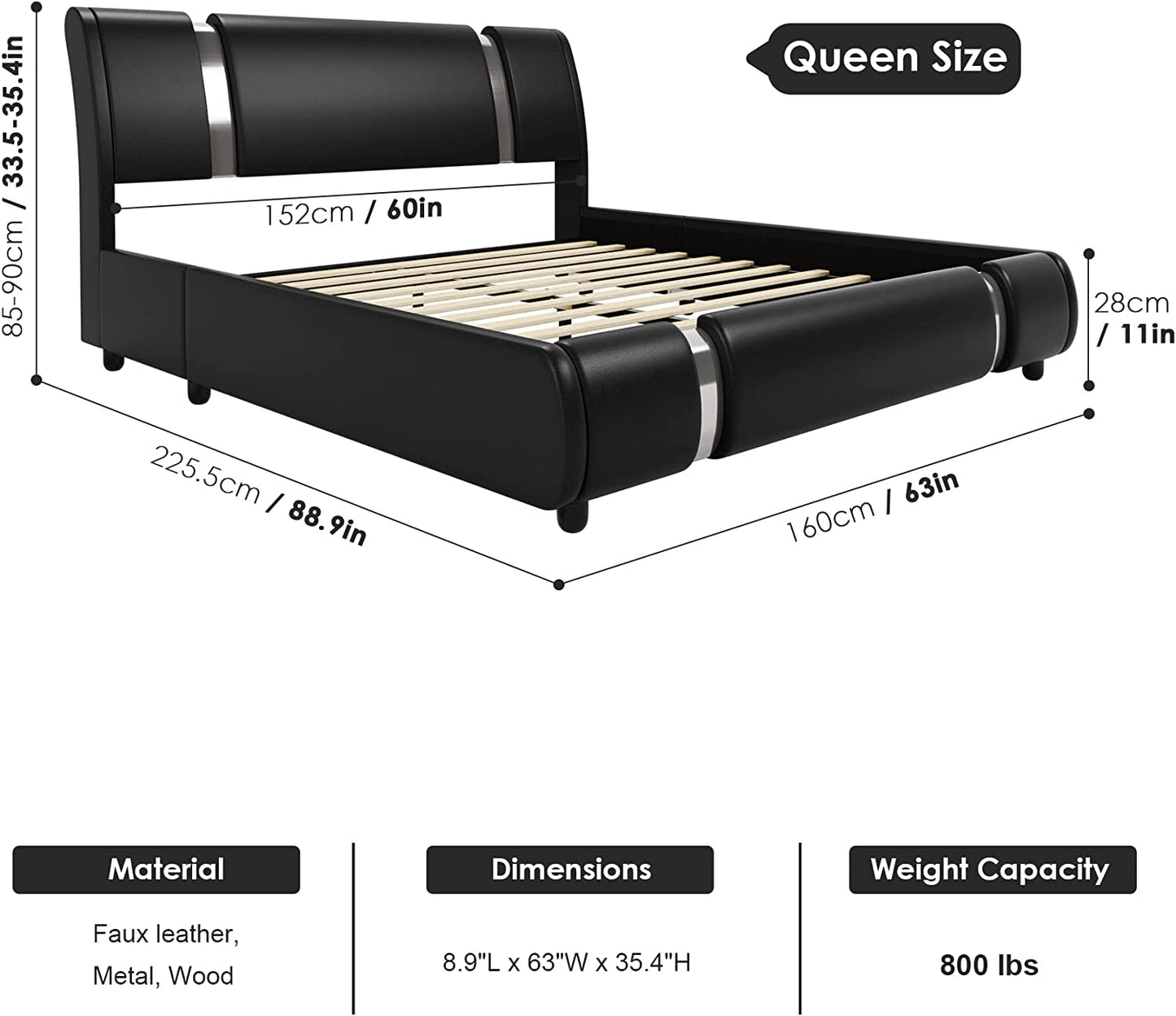 Queen Faux Leather Upholstered Platform Bed Frame