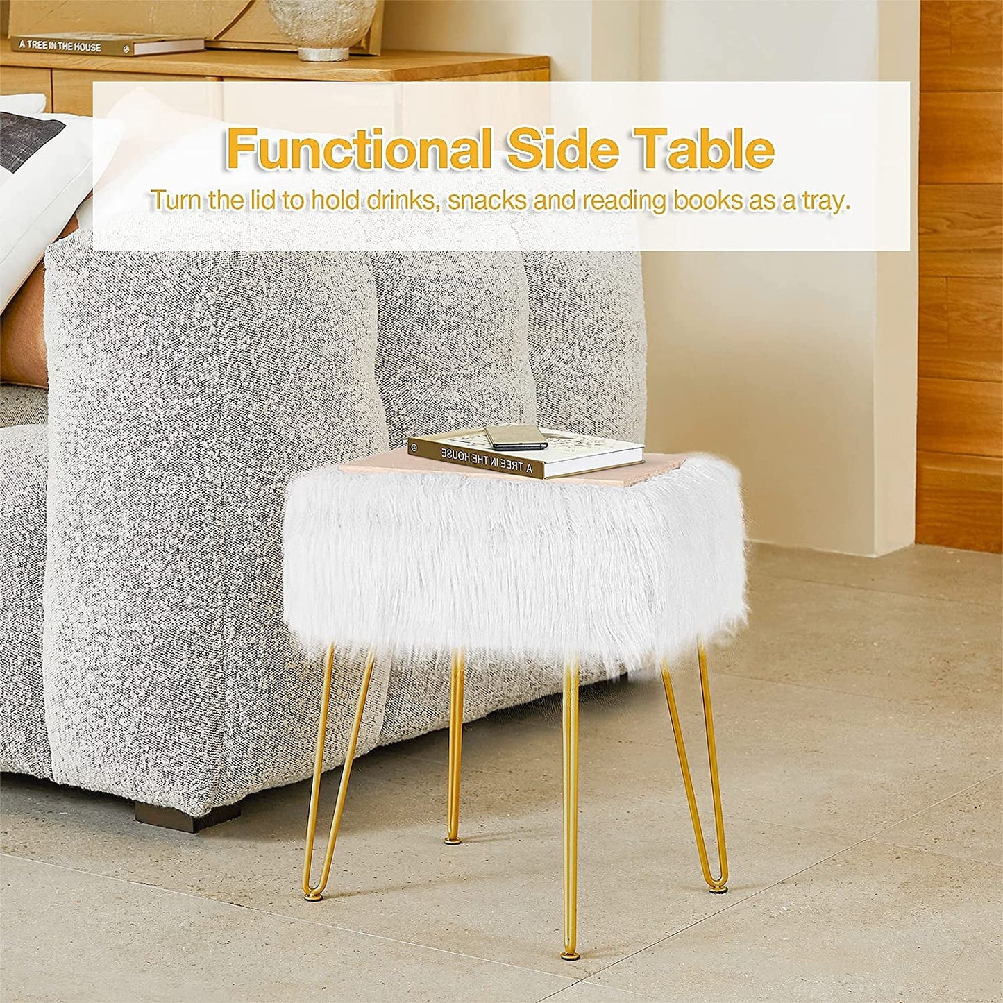 Fuzzy White Ottoman with Gold Legs