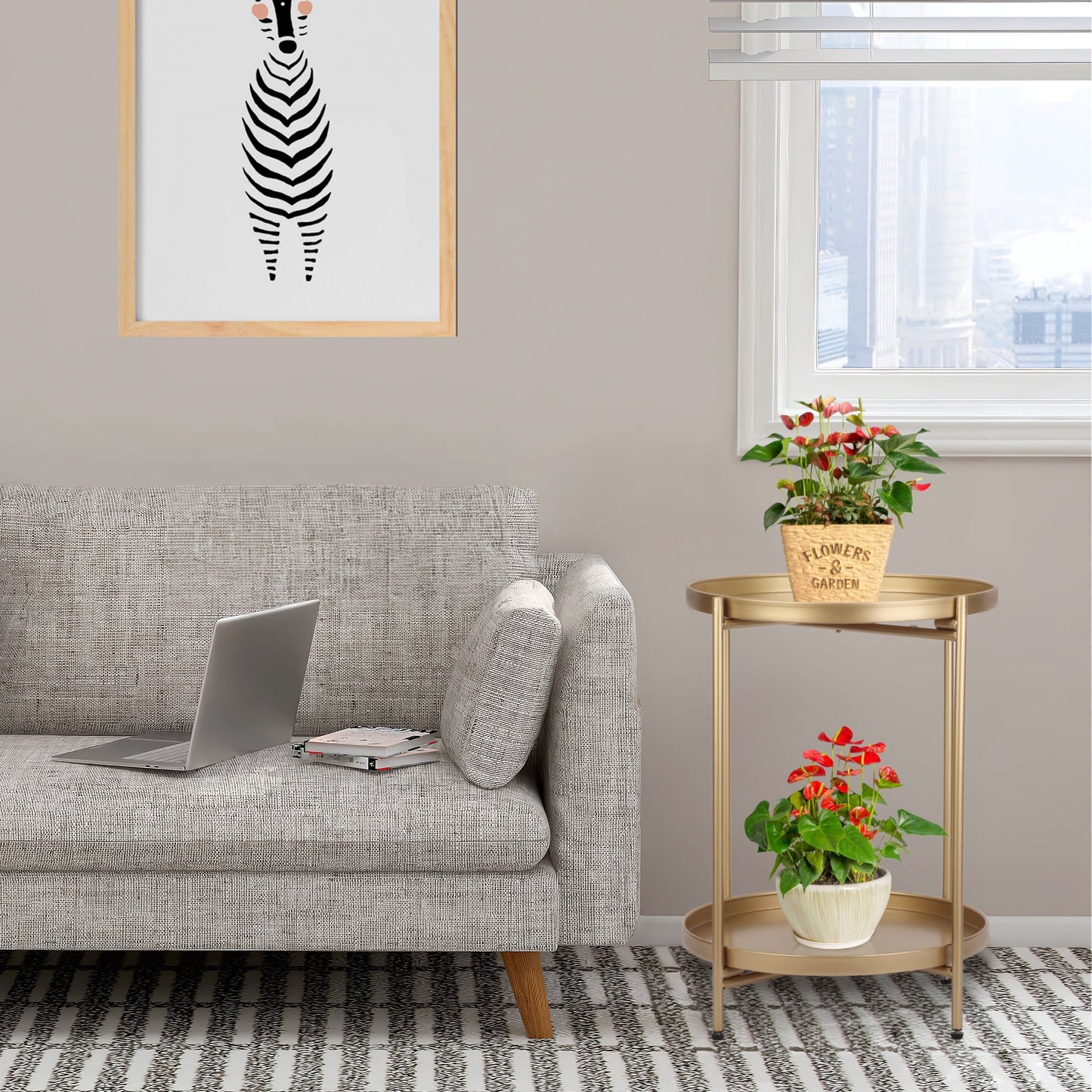 Metal End Table, 2 Tier Modern Gold Circle Side Table, 20.27"H Sofa Table Removable Tray, Coffee Table Indoor Outdoor