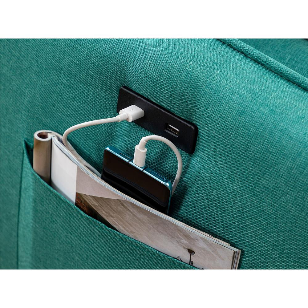 Mia Linen Fabric Sectional Sofa Chaise with USB Charger & Pillows in Green