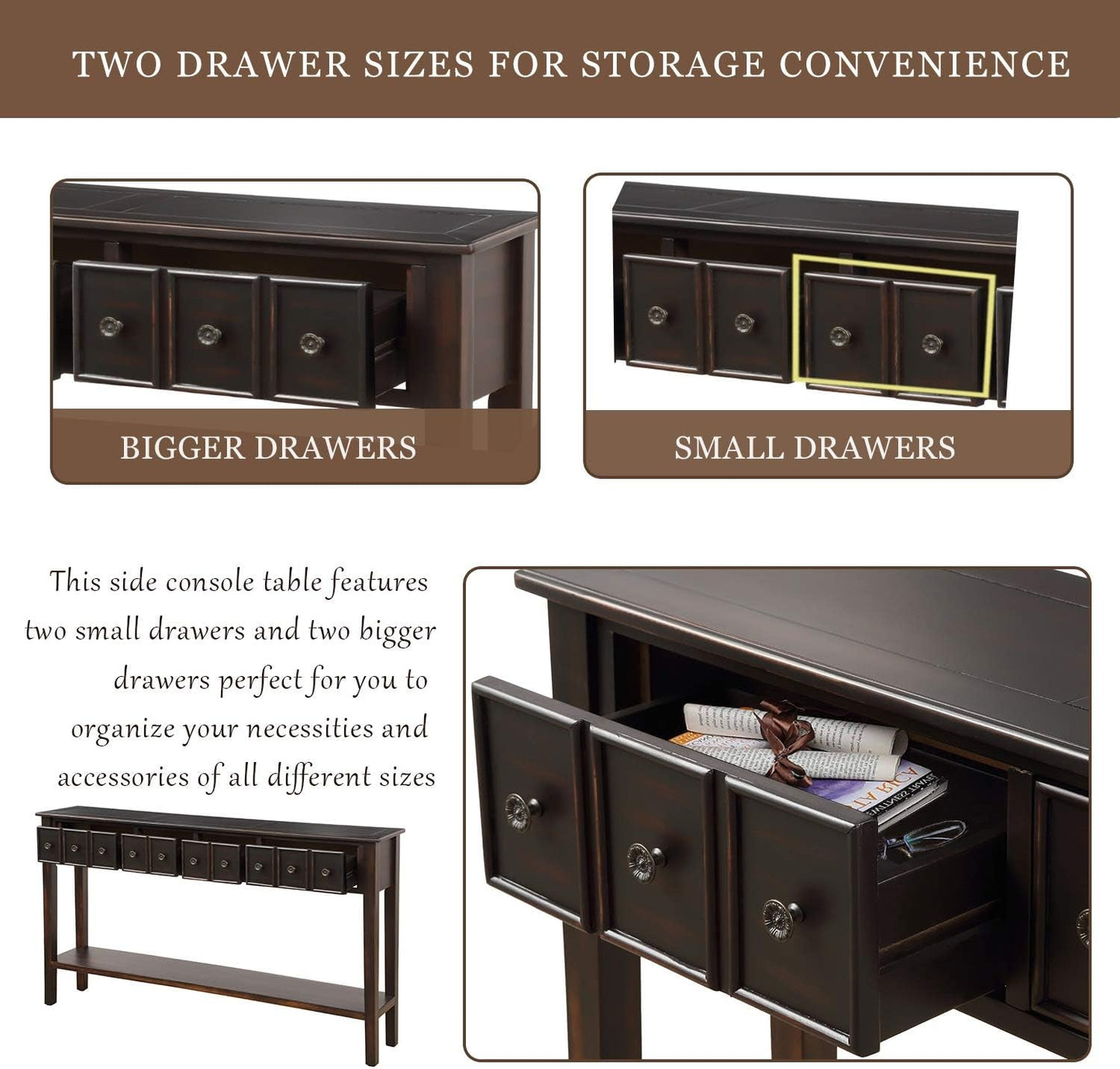 Rustic Console Table with Drawers and Shelf