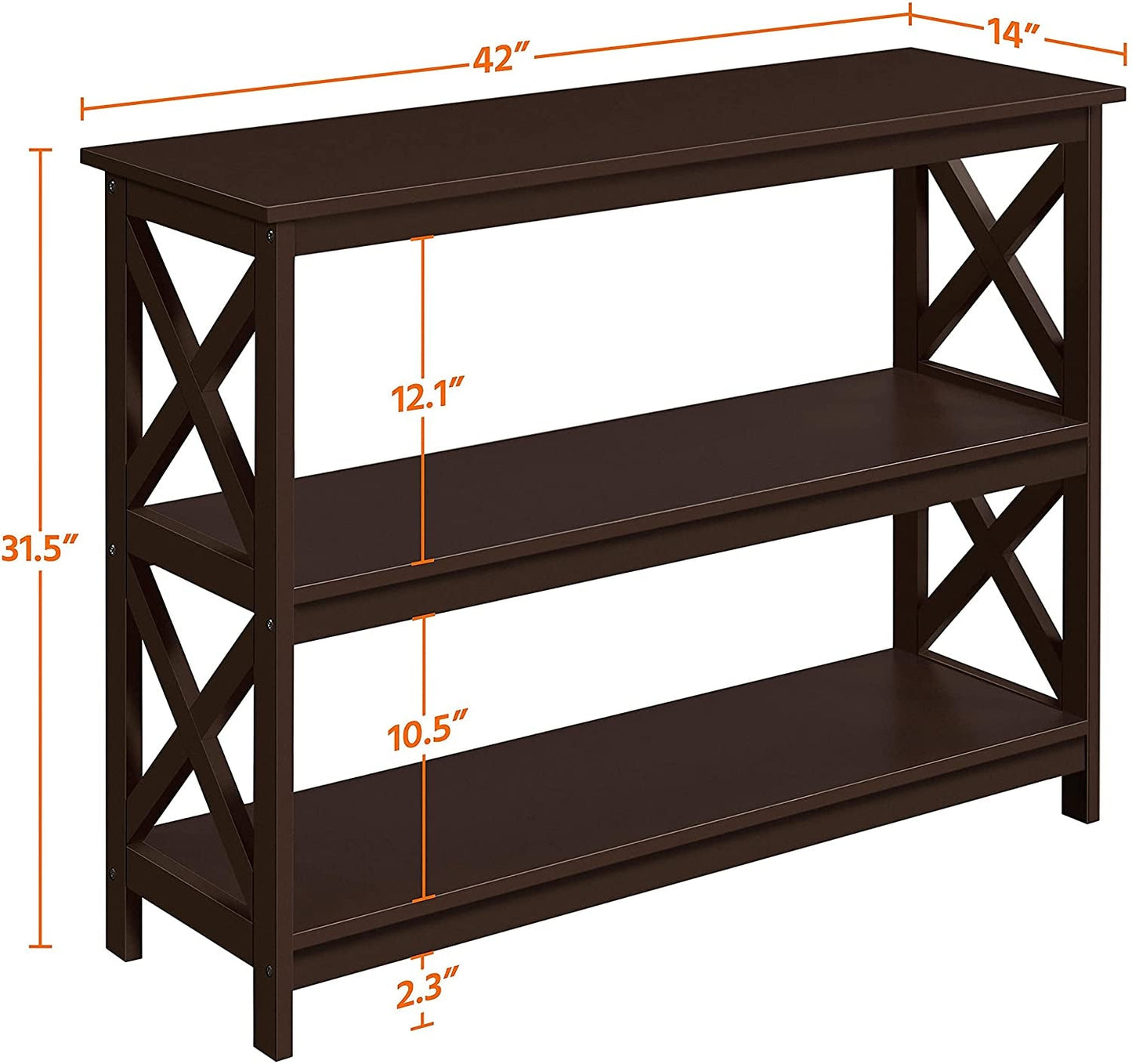 3-Tier Espresso Console Table with Storage Shelves