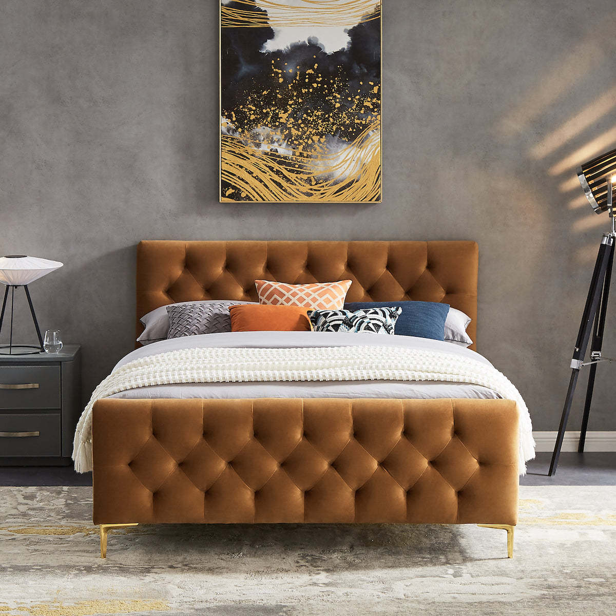 Bailey Cognac Velvet Queen Bed